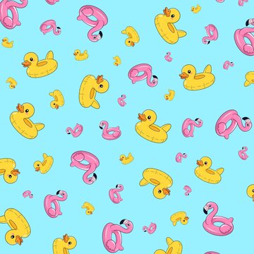 Colorful illustrated pattern features yellow duck and pink flamingo inflatable pool float rings scattered on a light blue background.