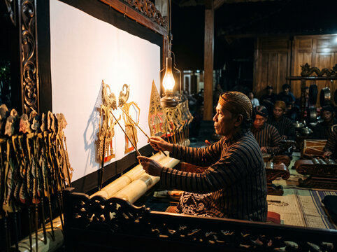 Cultural Stage Photography of Indonesian Dalang Performing Wayang Kulit Shadow Puppet Show Behind Illuminated Screen in Warm Brown and Off White for Cultural Heritage Banners