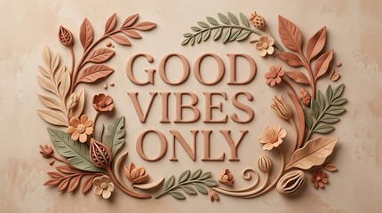 Obraz premium Good Vibes Only text surrounded by a decorative floral clay relief frame on a neutral textured background