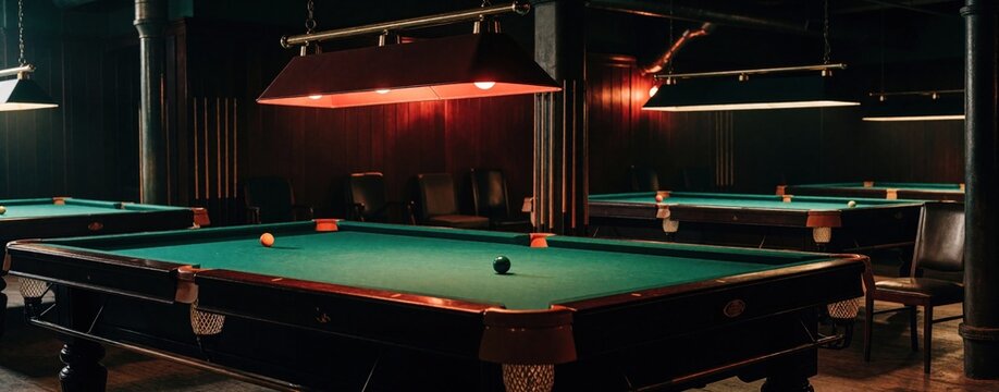 Empty billiards hall with green pool tables, colored balls. Dim red mood lighting hangs from ceiling in dark club. Interior features industrial poles, chairs, pro snooker setup for leisure sport game