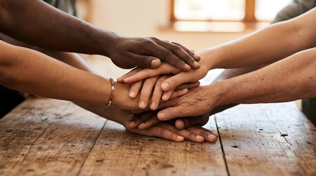Diverse group of people stacking hands together on a rustic wooden table