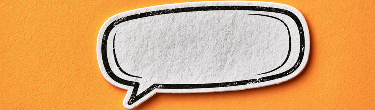 Blank Speech Bubble on Orange Background: An empty, hand-drawn speech bubble with a textured white surface sits against a vibrant orange backdrop, ready to be filled with a message or idea.