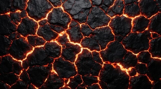 Hot glowing lava cracks on dark black volcanic rock surface texture