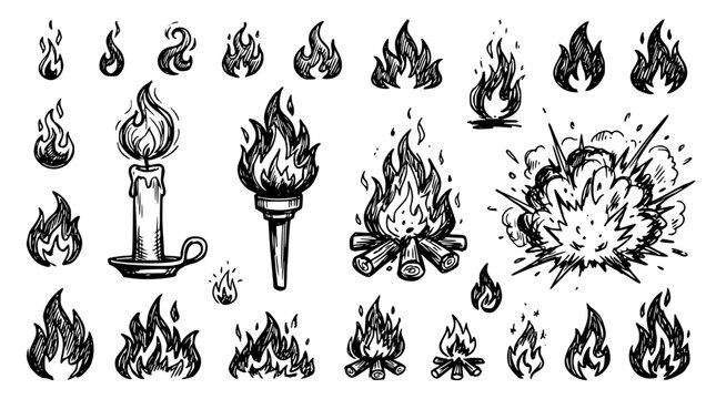 Hand drawn bold flame fire shape set single tall wide low candle torch campfire explosion, black ink sketch vector illustration