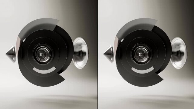 Floating black and chrome concentric disc structure rotates from angled layered profile toward frontal circular alignment, with separated pointed metal forms against soft neutral background