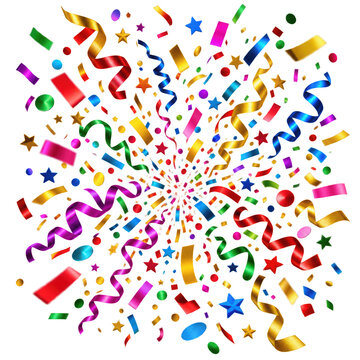 Colorful star-shaped and ribbon confetti burst outward in a vibrant celebratory explosion.