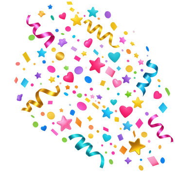 Colorful confetti and streamers in various shapes swirl together, creating a festive and vibrant celebration pattern.