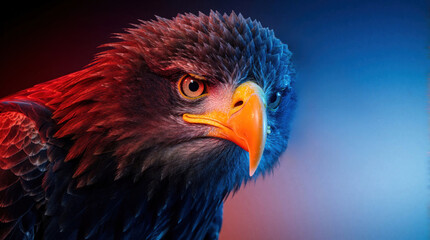 Fototapeta premium Majestic eagle portrait with glowing eyes and detailed feathers illuminated by dramatic red and blue lights at night. Fierce bird shows intense stare. Power and wild beauty.