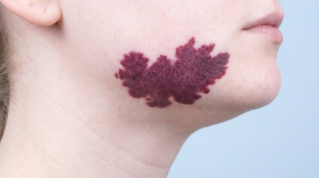 Large port-wine stain nevus flammeus or vascular hemangioma birthmark on the jawline of a fair-skinned woman.