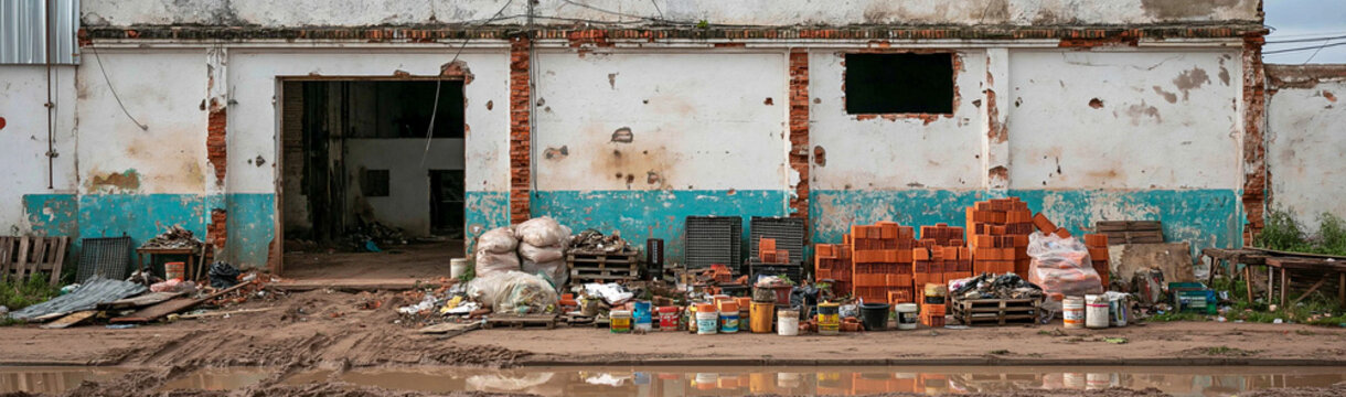 Abandoned Warehouse Clutter: Piles of discarded items and debris litter the dusty ground in front of a decaying warehouse, hinting at neglect and forgotten purpose.
