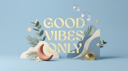 Fototapeta premium Good Vibes Only text typography with 3D moon and tropical leaf elements on a soft blue background