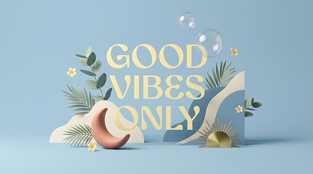 Good Vibes Only text typography with 3D moon and tropical leaf elements on a soft blue background