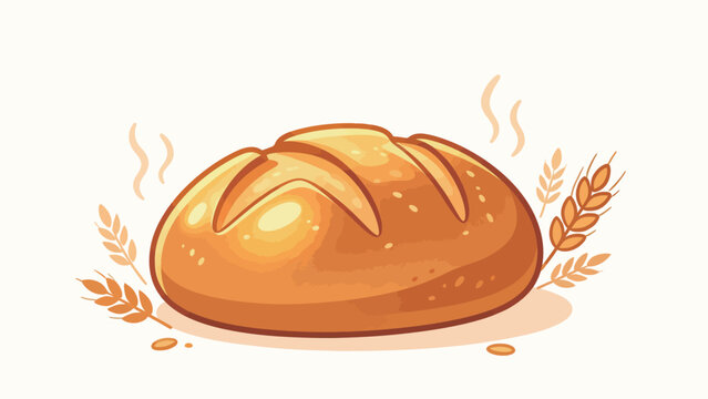 Golden crust artisan bread loaf with steam rising beside rustic wheat stalks on white background