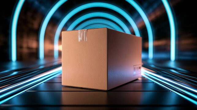 Futuristic Delivery Box: A plain cardboard box rests on a reflective surface, illuminated by the glow of neon blue arches and light streaks, suggesting a modern and speedy delivery service.