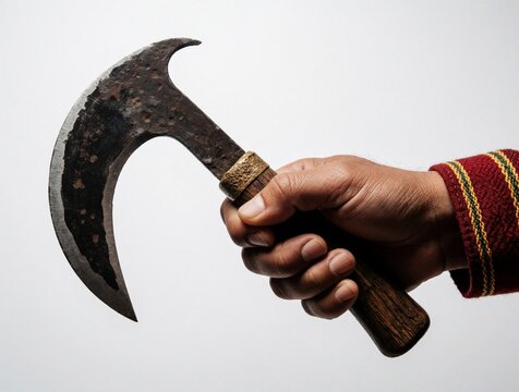 Hand grips traditional Indonesian curved farming knife called Celurit. Sharp metal blade and wooden handle shown on clean white background. Rural tool for harvesting crops.