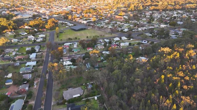 Aerial View of Rural Residential Town During Golden Hour Sunset