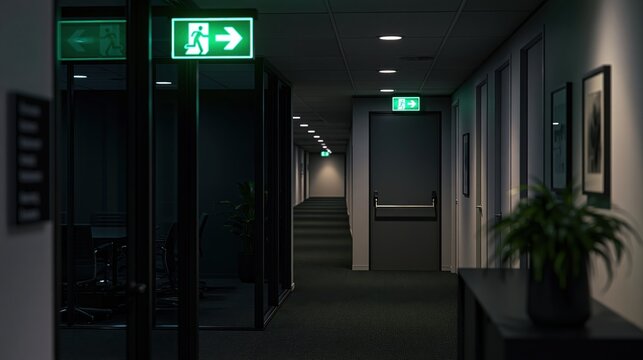 Corridor and hallway in a dark modern office building with glowing emergency sign