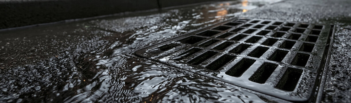 Storm Drain Flood: A close-up of a storm drain grate with water flowing over it, depicting the impact of heavy rainfall and potential flooding in an urban environment.