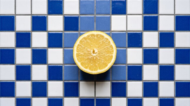 A vibrant yellow lemon half sits centered on a striking blue and white checkerboard tiled surface, viewed from directly above.