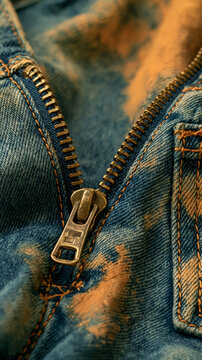 Close-up of a partially zipped denim garment, showcasing the texture of the fabric and the metallic detail of the zipper.