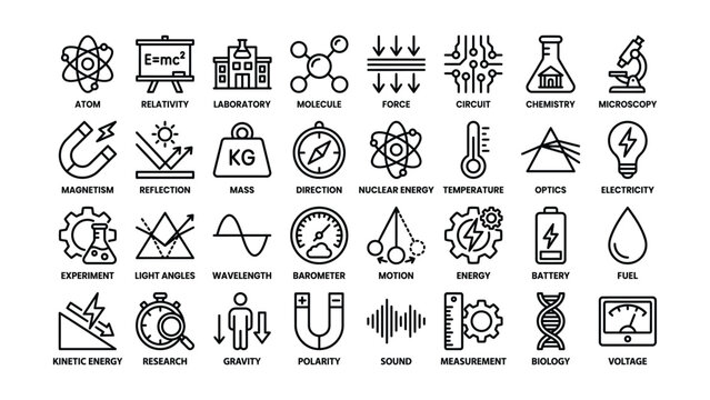 Collection of science and physics icons with transparent background for educational use