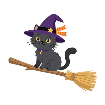 Cute little black witch cat sitting on a flying wooden broomstick illustration