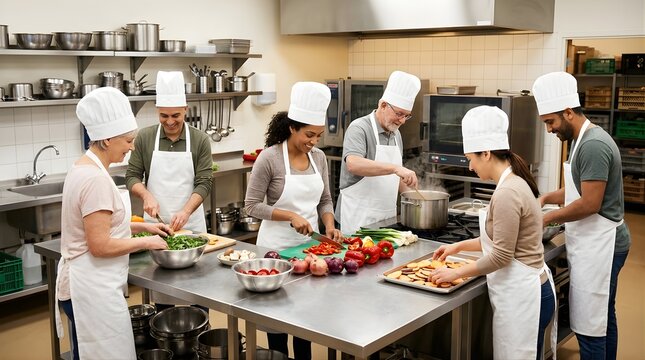 Professional Chef Students Cooking Together in Commercial Kitchen