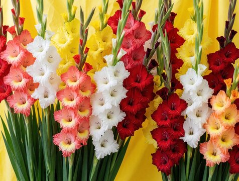 Vibrant gladiolus flowers in red, yellow, white, pink colors grow together. Tall seasonal blooms with green leaves create colorful floral background. Beautiful gladiola bouquet for wedding decor,