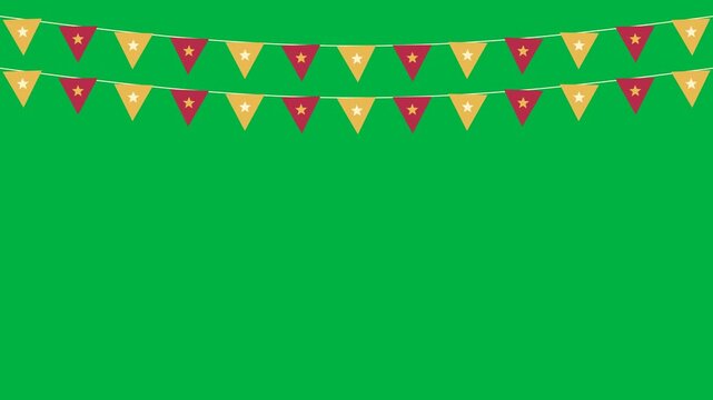 Two strings of star patterned pennants sway along the upper edge. 4K UHD animation on solid chroma green with a 12 second loop at 30 fps. No audio.