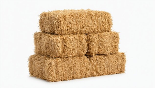 Hay and straw bales stacked for agriculture farming harvest on a white background