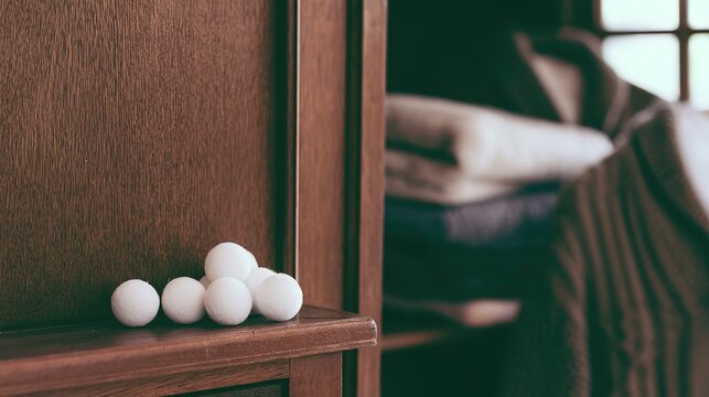Vintage wardrobe scene, camphor balls and folded sweaters, cozy natural light