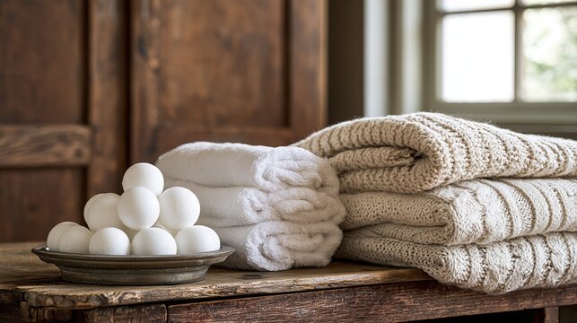 Nostalgic interior, antique wooden wardrobe, camphor balls, folded sweaters, soft light
