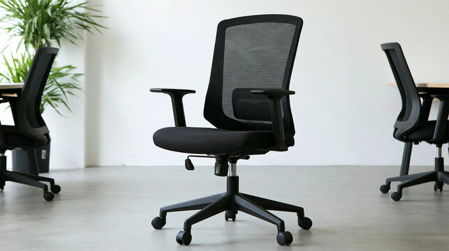 Modern Office Chair in Workspace: A sleek black mesh office chair with adjustable armrests and a five-star base is positioned in a bright, contemporary office environment.