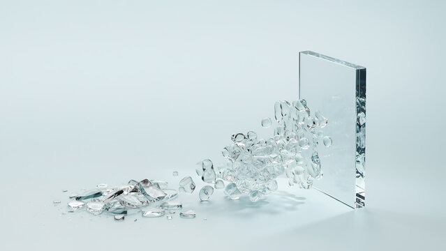 Glass shards exploding from a clear glass panel with breaking glass fragments shattered glass material scie