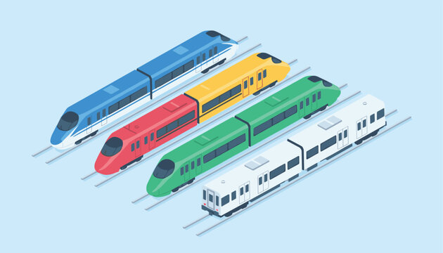 Four high speed passenger trains in different bright colors running on parallel railroad tracks in an isometric view.