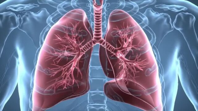A detailed structure of the human lungs, complete with bronchial branching, the trachea, and a transparent chest cavity.
