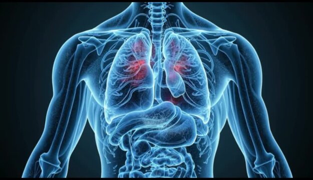 The lung organ periodically glows red, simulating inflammation, pulmonary infection, or respiratory disorders such as acute respiratory infections (ARI), tuberculosis, and pneumonia.