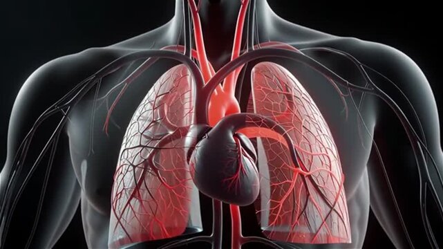 displaying the detailed pumping action of the heart and the active flow of red blood through blood vessels, the aorta, and lung tissue.