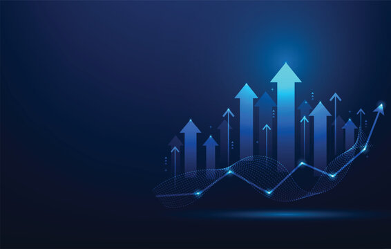 business strategy arrow growth up and chart rising technology blue background. stock investment graph increase. achievement and trend profit income. vector illustration fantastic technology.