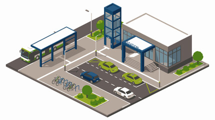 Sleek Isometric of Modern Multi Transportation Hub with Bus Bikes Cars and Station Building with high quality professional line art symbols for modern creative design and digital branding projects © ardhan