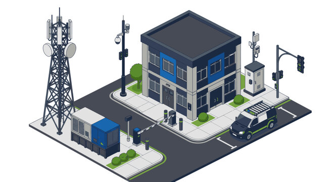 Professional Isometric of Smart City Infrastructure Featuring Telecom Tower Modern Buildings and IoT Devices