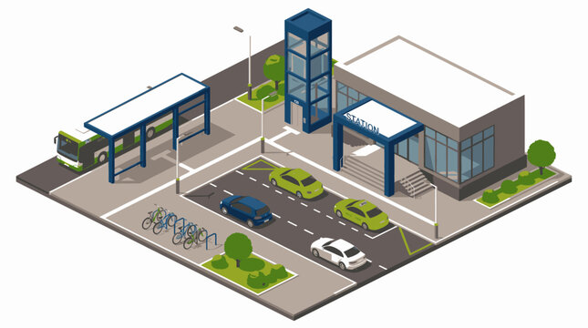 Sleek Isometric of Modern Multi Transportation Hub with Bus Bikes Cars and Station Building with high quality professional line art symbols for modern creative design and digital branding projects