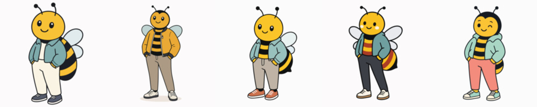 A set of cute and adorable bee vectors posing while standing wearing a jacket and with hands in their pockets.