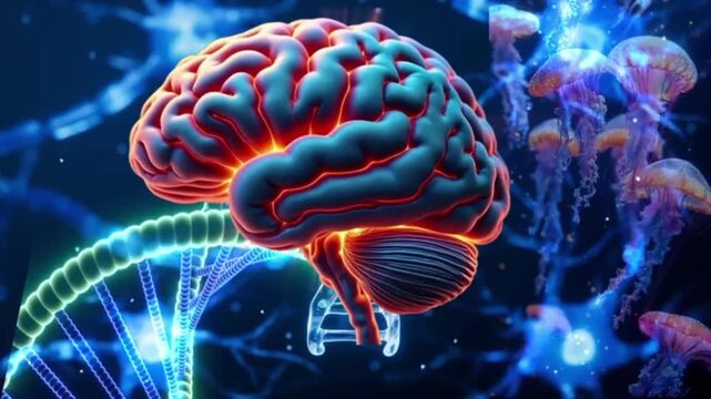 The brain appears directly connected to a DNA double helix below, while in the background on the right, a group of bioluminescent jellyfish floats gently in the depths of the blue ocean.