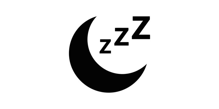 Sleeping crescent moon icon with zzz letters for night rest concepts.