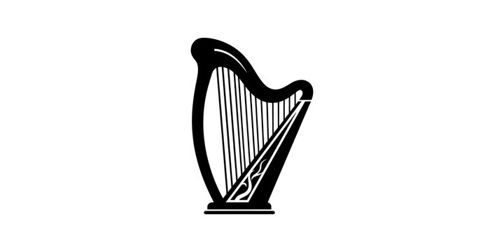 Black and white irish harp musical instrument with strings for music.