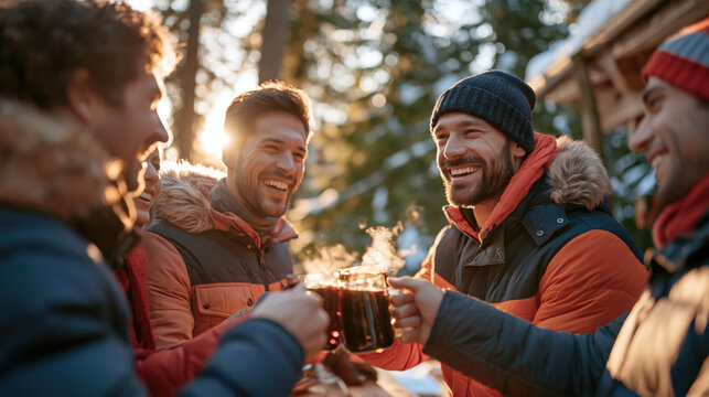 Group of four happy men toasting with hot drinks outdoors in winter forest