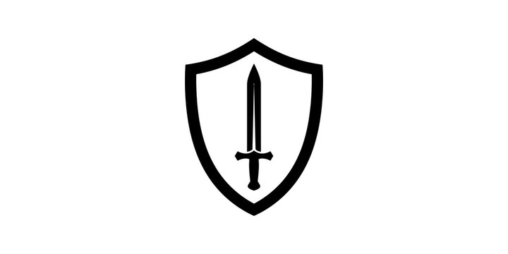 Black shield icon with central sword symbol representing defense security.