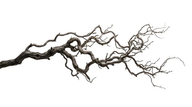Twisted dry tree branch isolated on white background
