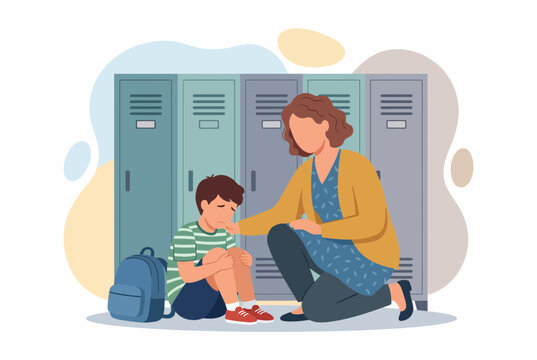 School Teacher Comforting Sad Student in Hallway Near Lockers